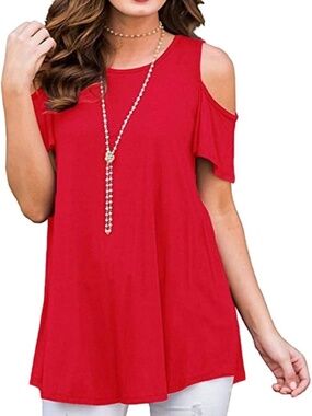 Afibi Womens Cold Shoulder Short Sleeve Swing Tunic Top